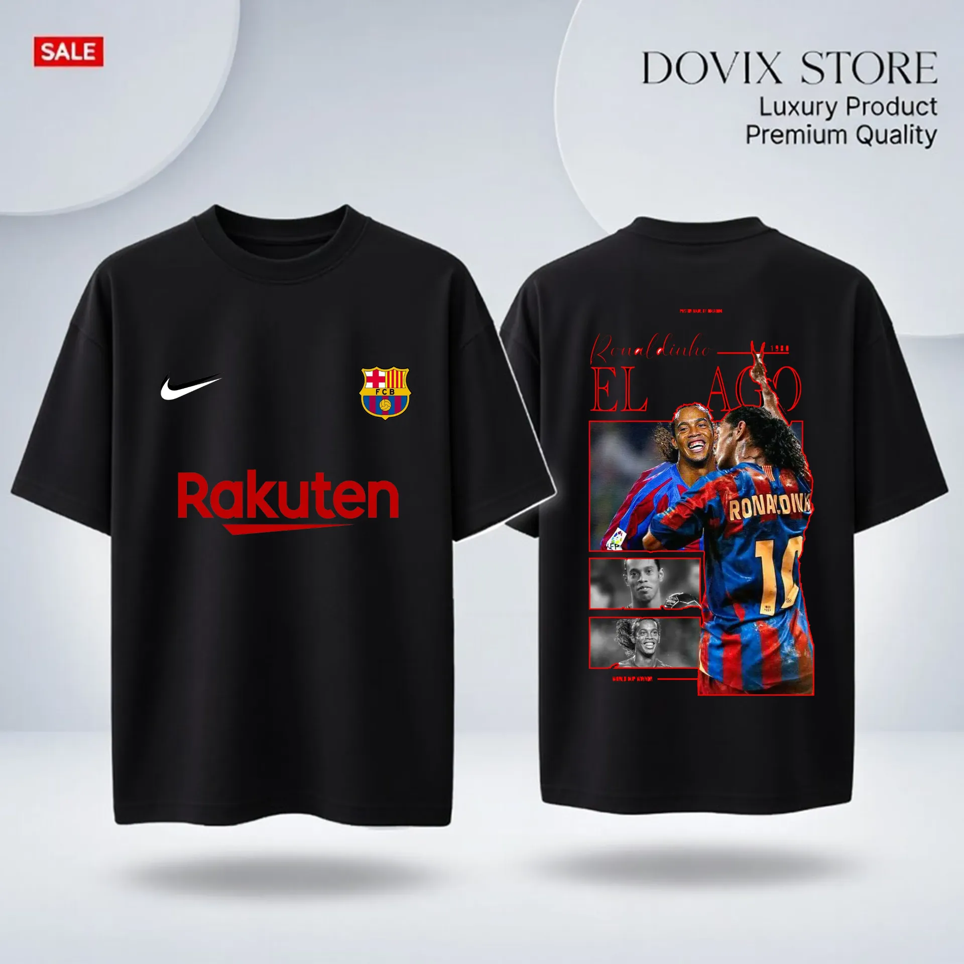 Barcelona Ronaldinho back and font print primium drop shoulder. (BLuck, 200Gsm, M)
